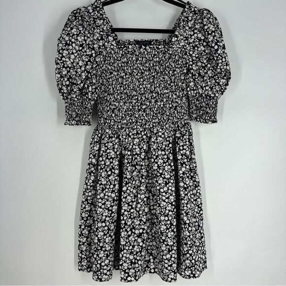 1.STATE Women’s Black and White Floral Print Puff Sleeve Smocked Mini Dress Sz S - Picture 1 of 6